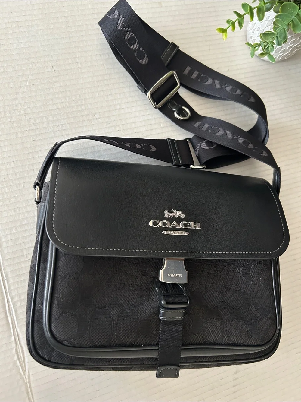 Coach Black Signature Messenger Bag with Branded Strap